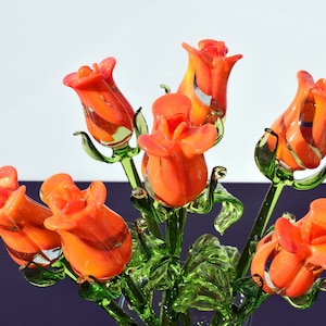 Gorgeous  orange glass long stem Rose flower. Excellent addition to your Home Décor, unique gift. Each flower is priced individually.