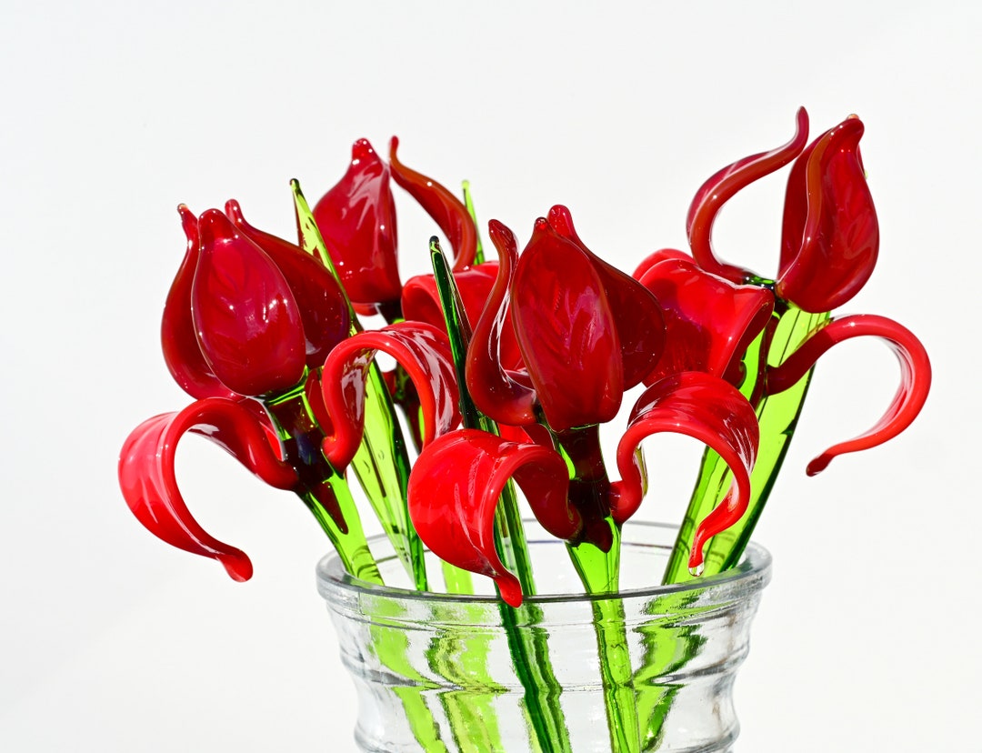 Super Bright Red Long Stem Glass Iris Flower. Excellent
