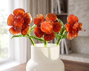 お洒落な花柄 赤縁 ガラス容器　インテリア 赤いガラスの花、手吹きガラスの花、ガラスの花束、誕生月の花のガラス