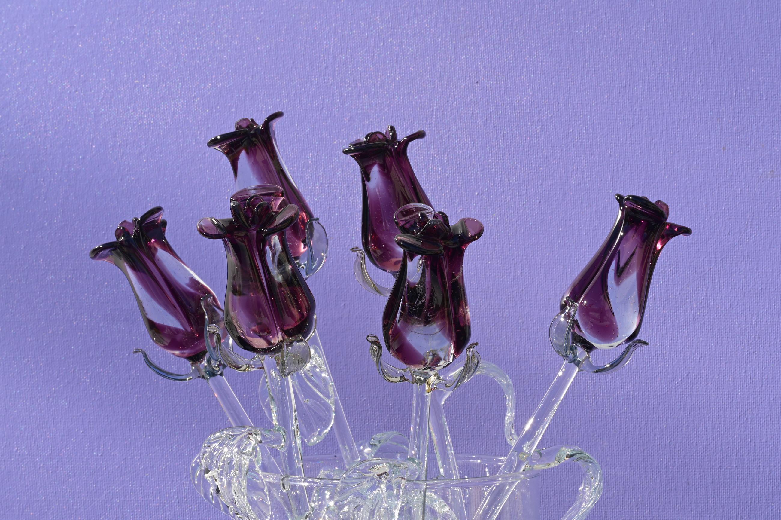 Purple Glass Flowers - Glass Flower Bouquet - Eternal Rose - Blown ...