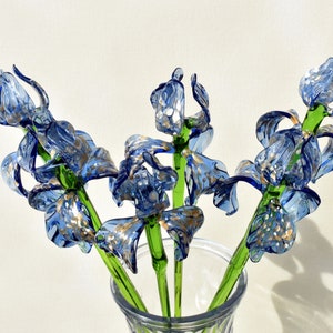 Beautiful extra long blue with beige accent glass Iris flower. Excellent addition to your collection. Each flower is priced individually.