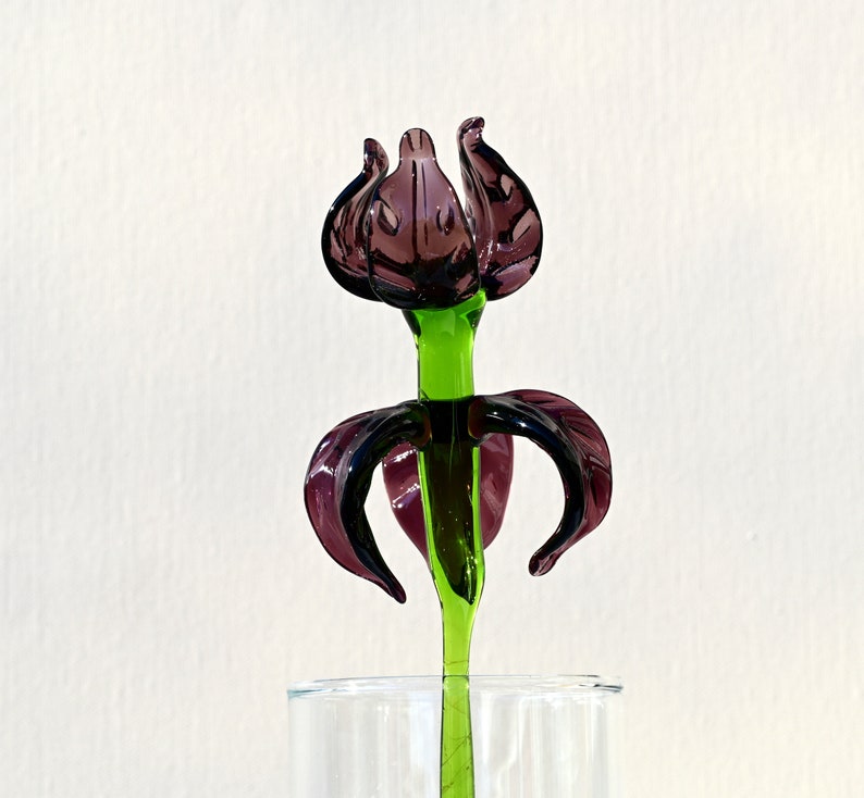 Beautiful purple glass Extra long stem Iris flower. Excellent addition to your collection, unique gift. Each flower is priced individually. image 3