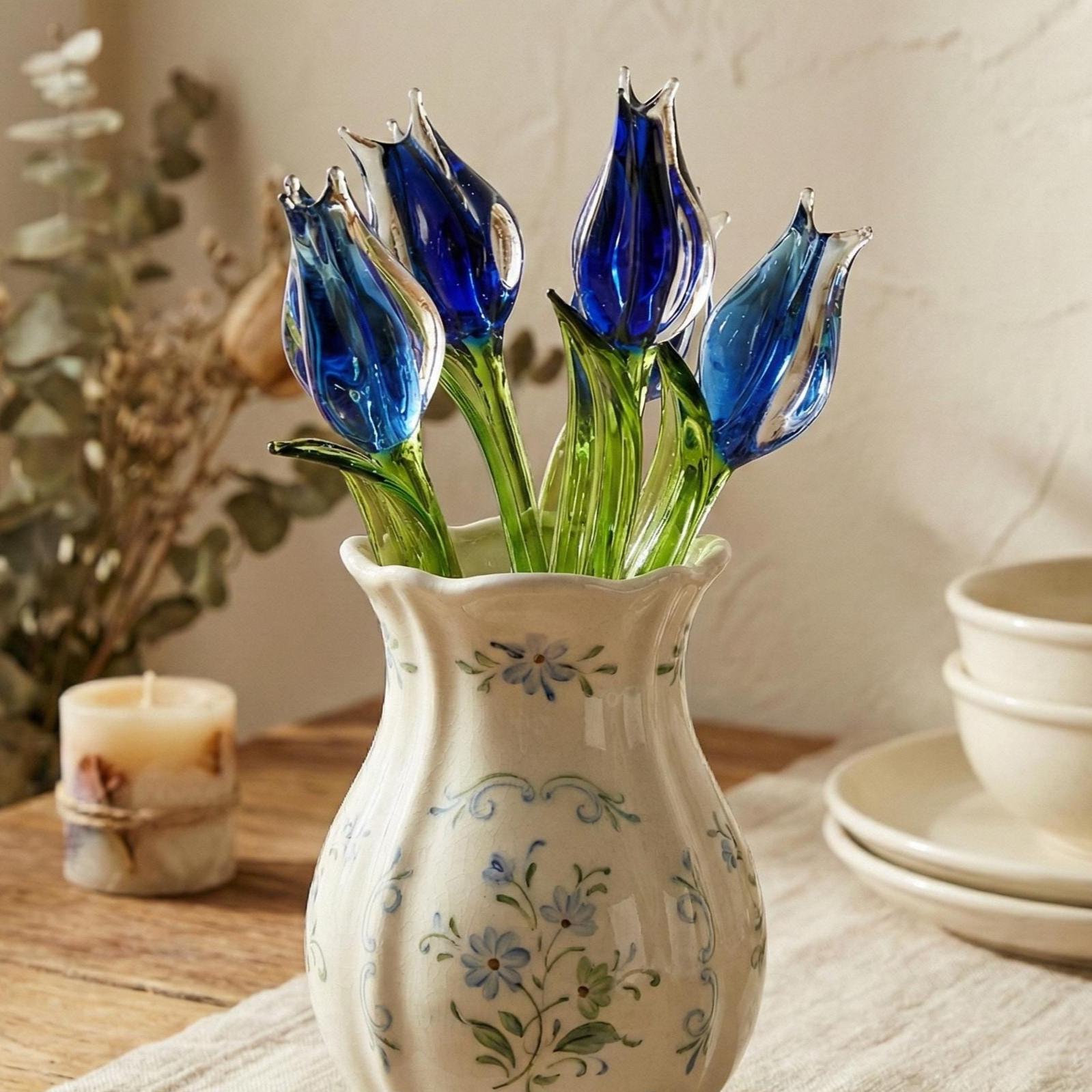 Blue & Clear Glass Tulips, Cobalt Blue Glass, Glass Flowers