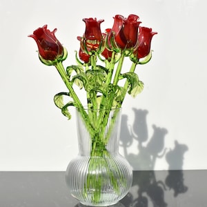 Red Glass Rose Flower – Hand Blown Art Sculpture – 13” Long Stem Collectible Gift – Single Flower or Bouquet