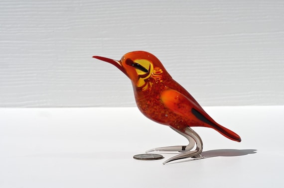 手作りのオレンジ色の鳥、ガラスの鳥の置物、鳥の彫刻、鳥の装飾、鳥
