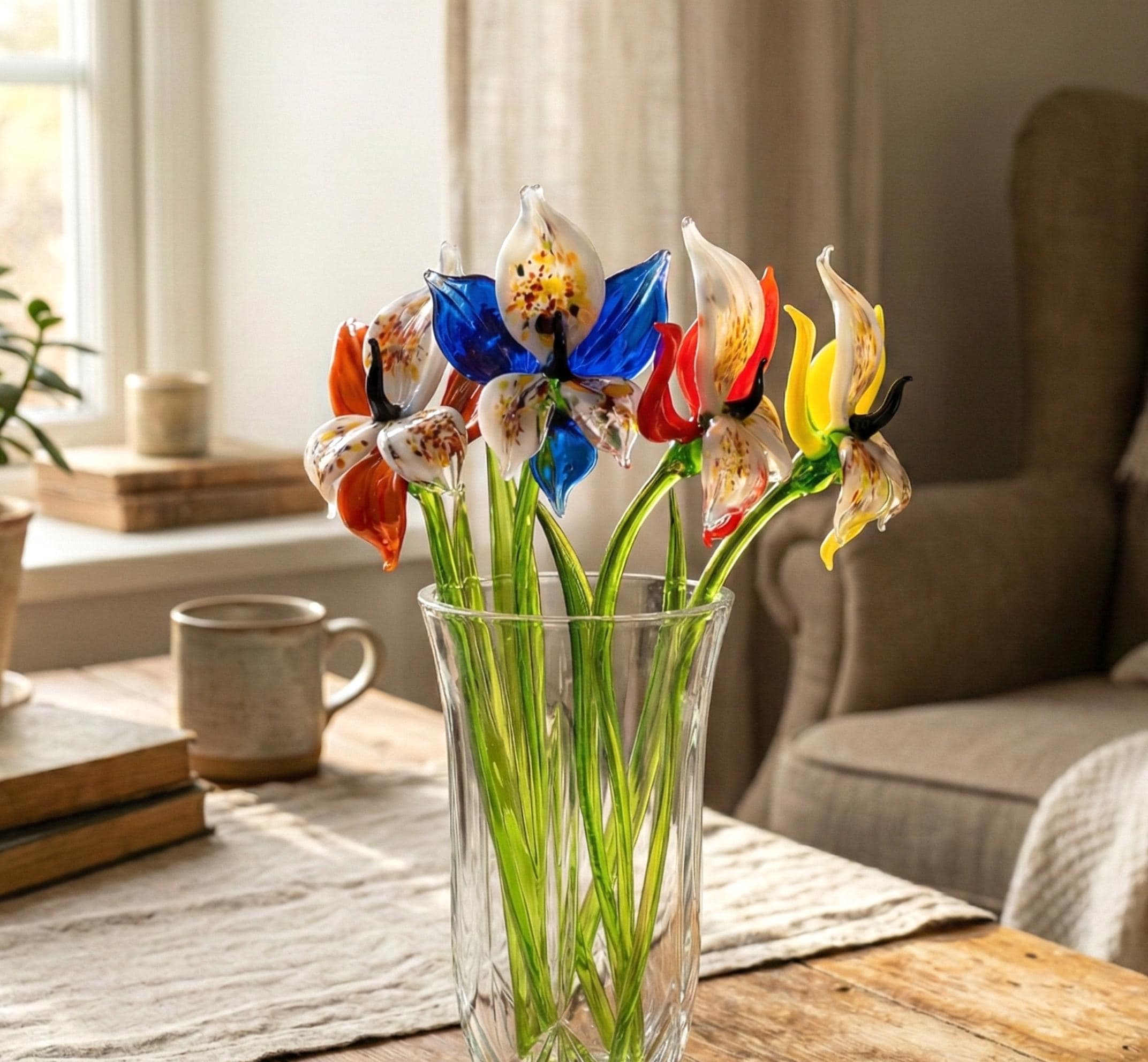 Handmade Glass Orchid Bouquet: Colorful Flame-Worked Flowers, 14 Inch