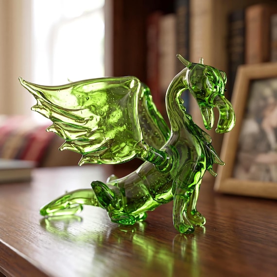 【美品】ドラゴン　ガラス　置物 緑色のガラス製ドラゴンの像、ガラス彫刻、ファンタジー装飾、ドラゴン