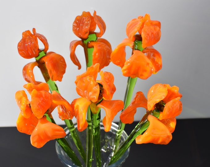 Beautiful Long Stem Orange Glass Iris Flower. Excellent Addition to