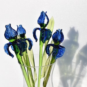 Beautiful long stem blue glass Iris flower. Excellent addition to your glass collection, unique gift. Each flower is priced individually.