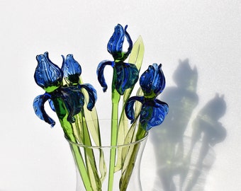 Beautiful long stem blue glass Iris flower. Excellent addition to your glass collection, unique gift. Each flower is priced individually.