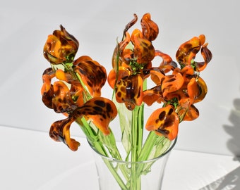 Beautiful long stem orange-tiger glass Iris flower. Excellent addition to your  collection, unique gift. Each stem is priced individually.