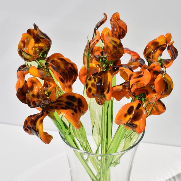 Beautiful long stem orange-tiger glass Iris flower. Excellent addition to your  collection, unique gift. Each stem is priced individually.