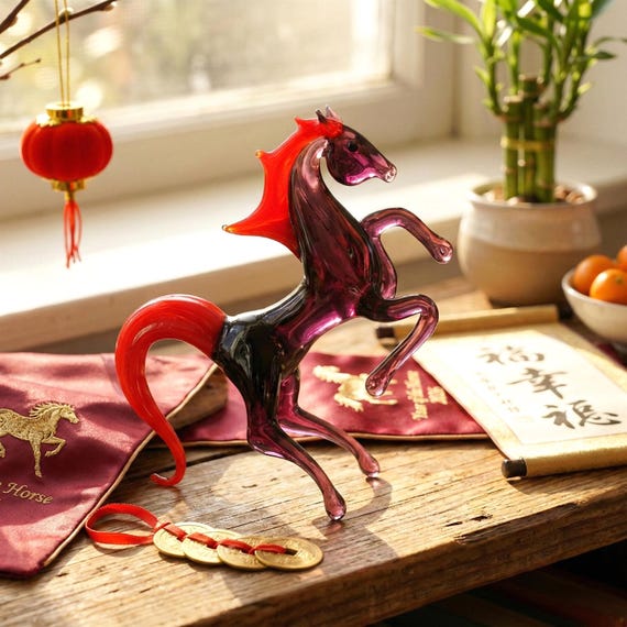 Chinese New Year Glass Horse Figurine – Year of the Horse Handblown Glass Sculpture, Lunar New Year Decor Gift