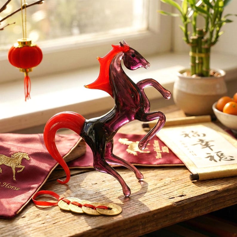 Figurine de cheval en verre du nouvel an chinois - Sculpture en verre soufflé à la main de l'année du cheval, cadeau déco du nouvel an lunaire image 1