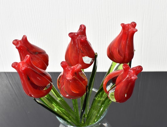 Red Glass Tulips - Blown Glass Tulip - Red Glass Flowers Bouquet