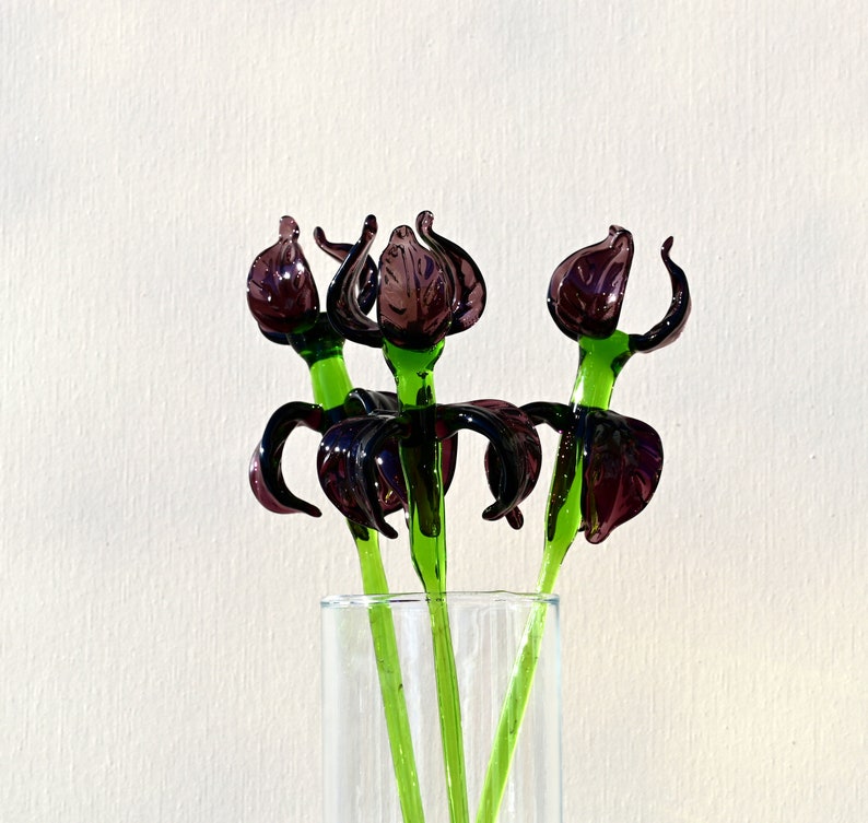 Beautiful purple glass Extra long stem Iris flower. Excellent addition to your collection, unique gift. Each flower is priced individually. image 4