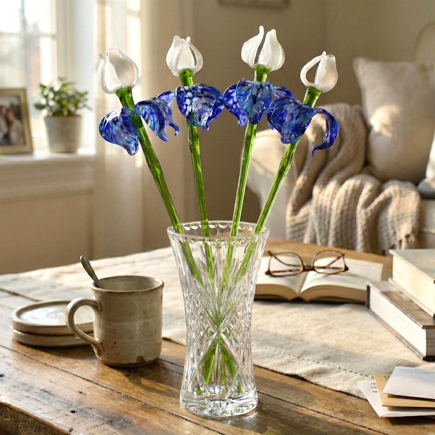 Handblown Glass Iris Flower Bouquet, Blue and White Murano Style
