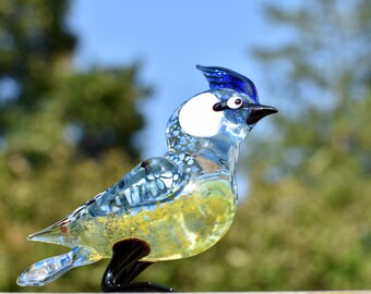 ブルージェイ、ブルーバード、ガラス製の鳥の置物、鳥の彫刻、鳥の装飾