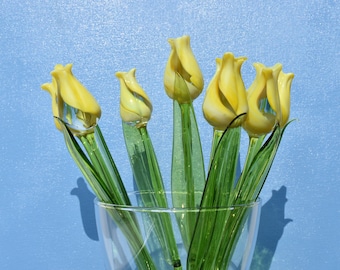 Long stem Yellow-clear glass tulip.  Excellent addition to your glass collection, unique gift. Each flower is priced individually.