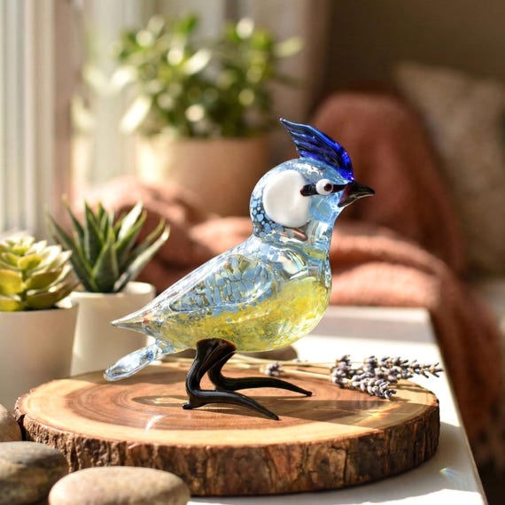 北欧のガラスの鳥のオブジェ 可愛い ガラス製の鳥　置物 / 水色の玉模様 & 透明色 置物