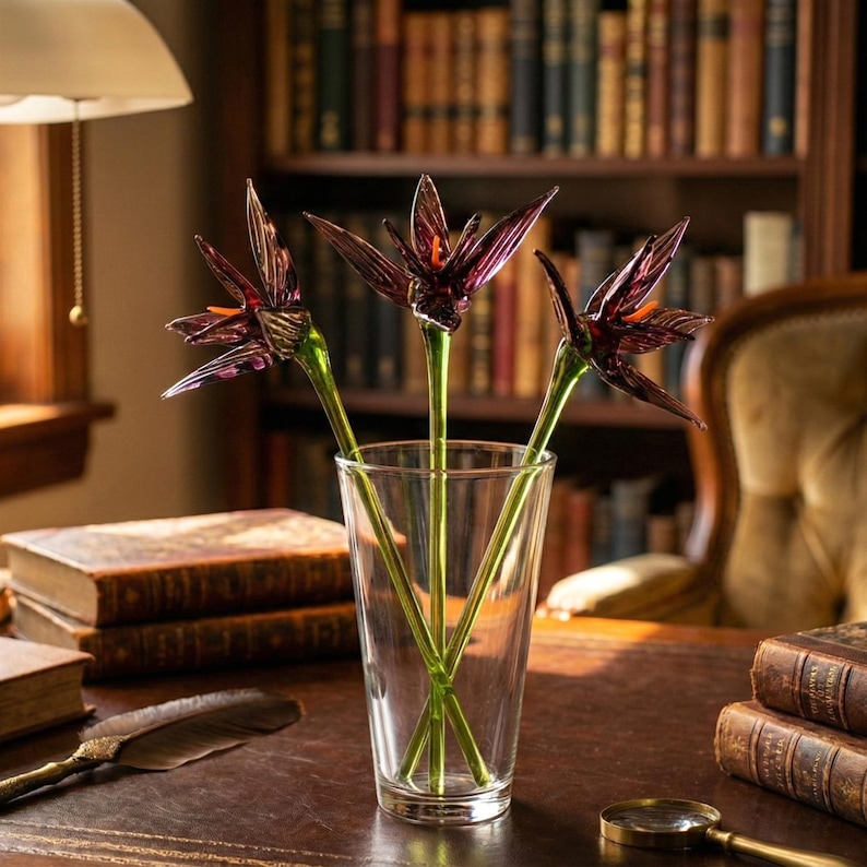 Purple Glass Flowers, Bird of Paradise Art Flower, Glass Birth Month Flower, Long Stem Glass Flowers Bouquet, Forever Flowers Gift image 2