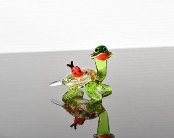 Cute  green-clear glass Turtle with ladybug. Detailed figurine with a lot of character and personality.