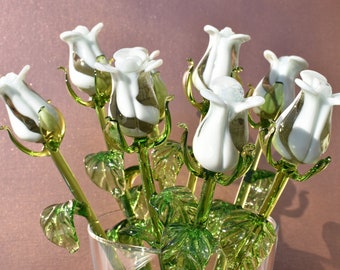 Beautiful  white-green long stem glass Rose flower. Excellent addition to your glass collection. Each flower is priced individually.