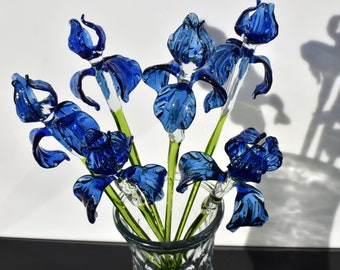 Beautiful extra long blue glass Iris flower. Excellent addition to your glass collection, unique gift. Each flower is priced individually.