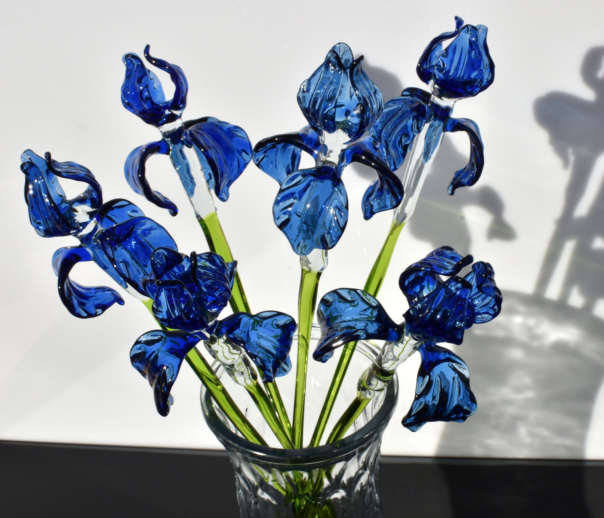 Bouquet of 4 beautiful color glass long stem Iris flower. Excellent  addition to your glass collection, unique gift.