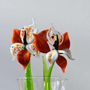 Beautiful orange-white glass Orchid flower. Excellent addition to your  collection, unique gift. Each flower is priced individually.