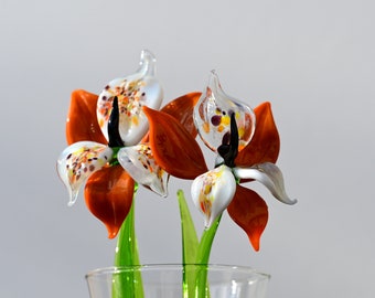 Beautiful orange-white glass Orchid flower. Excellent addition to your  collection, unique gift. Each flower is priced individually.