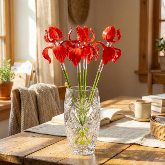 Glas Iris Blumen, Glasblumen Blumenstrauß, Glas Geburtsmonat Blume, für immer Blumen, mundgeblasenes Glas Iris Geschenk, Iris Kunst Geburtstagsgeschenke