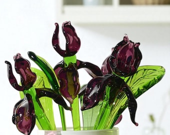 Iris de cristal, flores de cristal para el mes de nacimiento, flores de cristal moradas, regalo de flores de febrero, mini ramo de flores de cristal, regalo de iris para el Día de la Madre