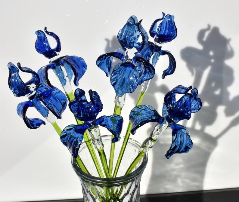 unique gift. Excellent addition to your glass collection Beautiful extra long blue glass Iris flower