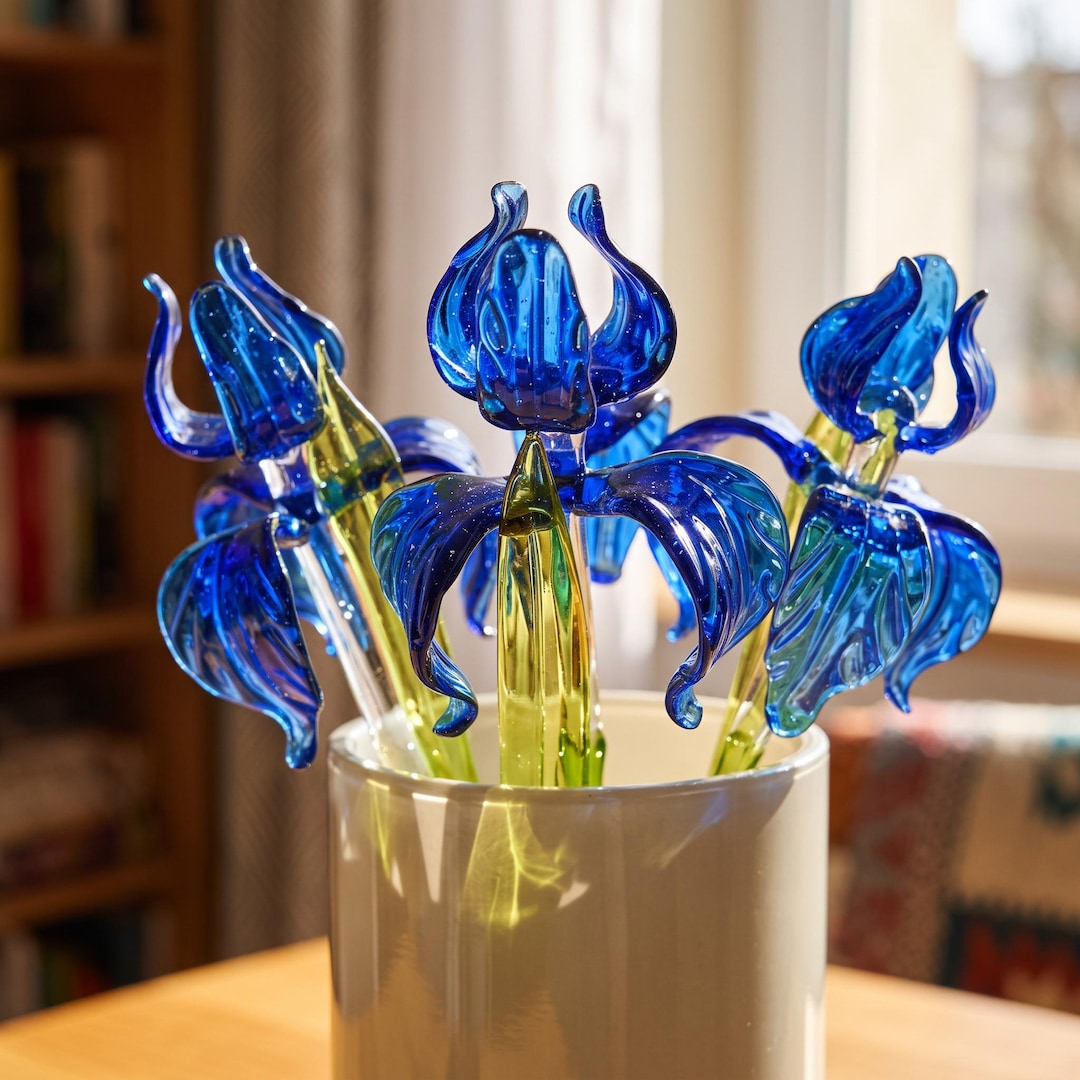 ガラスのアイリスの花 - 手吹きガラスのアイリス - 青いガラスの花束