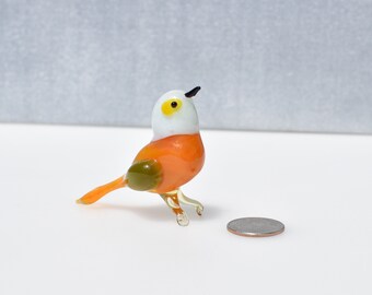 手吹きオレンジガラスの鳥、鳥の置物、鳥の彫刻、鳥の装飾、鳥好きへの