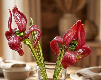 Glass Flowers in Vase, Glass Flower Bouquet, Glass Iris Gift, Birthday Gifts, Glass Birth Month Flower Gift, Long Stem Glass Flowers