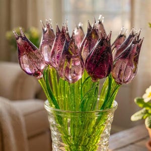purple glass flowers, glass tulips, hand blown glass flower bouquet, glass flowers, glass birth month flower, Birthday Gifts spring decor
