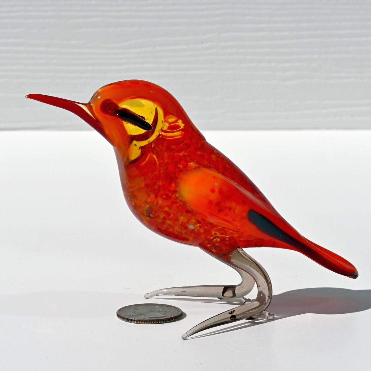 手作りのオレンジ色の鳥、ガラスの鳥の置物、鳥の彫刻、鳥の装飾、鳥