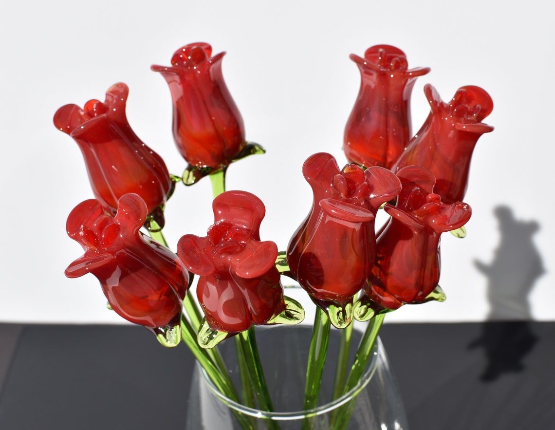 Beautiful extra long stem red glass Rose flower. Excellent Etsy