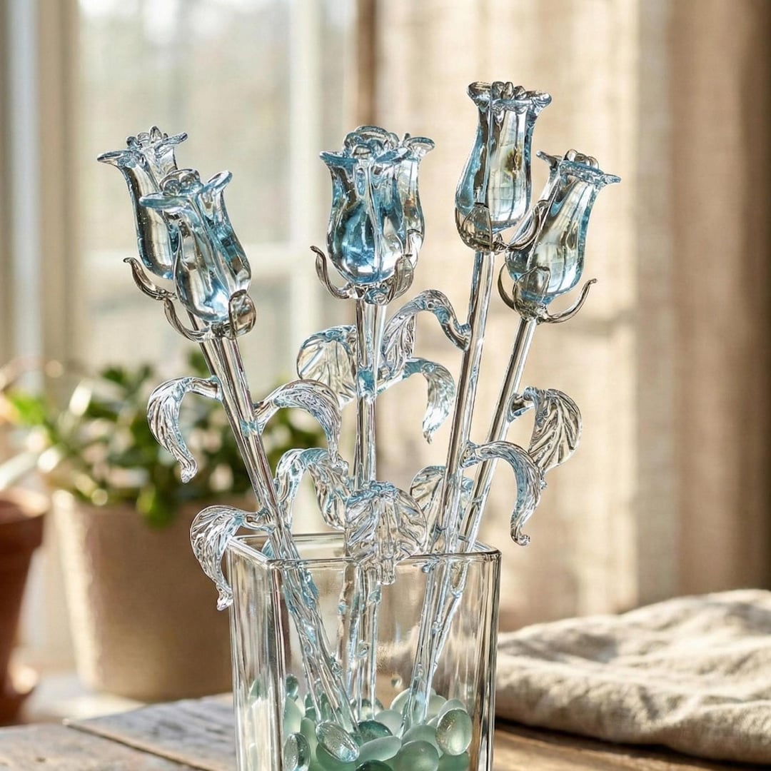 Glass Roses - Hand Blown Glass Rose - Glass Flowers Bouquet - Clear ...