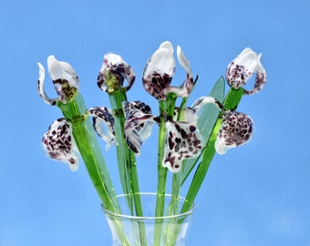 Rare Leopard pattern  White with purple glass long stem Iris. Excellent addition to your home décor. Each flower is priced individually.