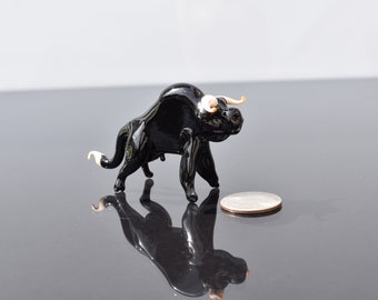 Glass Black bull. Whimsical figurine; lot of character and personality. Excellent addition to your glass collection, unique gift.