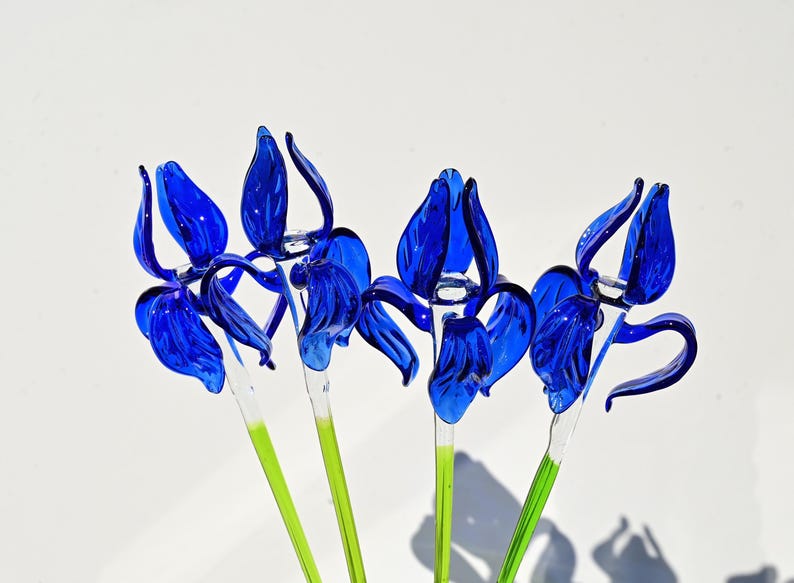 Blue Glass Iris, Blown Glass Flowers, Glass Flower Bouquet, Spring Home Decor Centerpiece, Eternal Flowers, Blown Glass Art Mothers Day Gift image 12