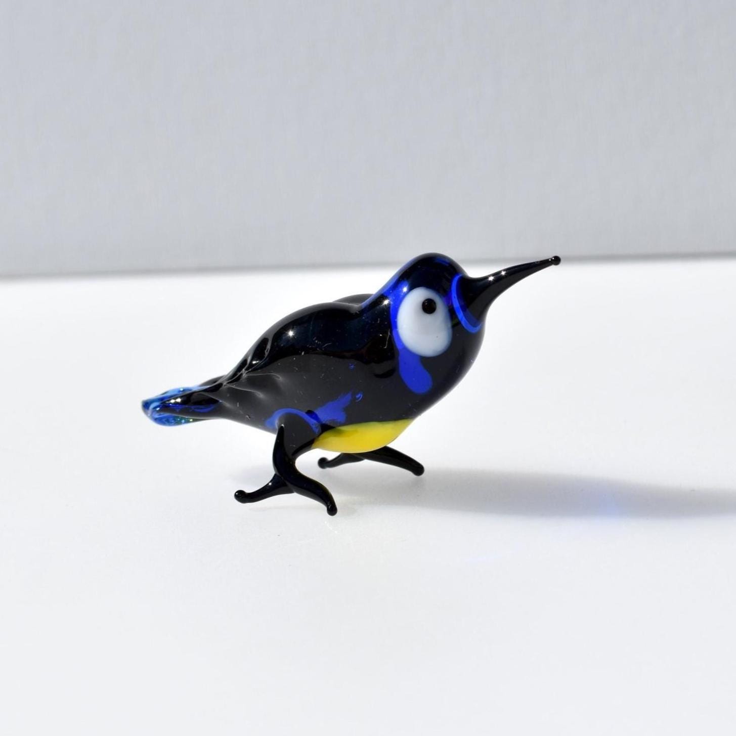 ムラーノガラスの鳥、青い鳥の置物、ガラス製の動物の置物、鳥の彫刻