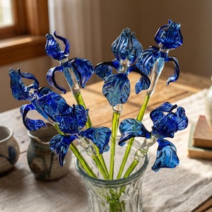 Hand Blown Glass Flowers, Glass Iris, Glass Flower Bouquet, Glass Birth Month Flower, Forever Flowers, Grandmas Garden, Birthday Gifts