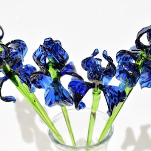 Beautiful Extra long stem Blue Cheetah pattern design Blue Glass Iris.  Unique gift. Each flower is priced individually.