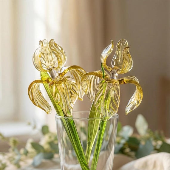 Glass Iris Gift, Blown Glass Flowers Bouquet, Glass Birth Month Flower Gift, Desk Decor, Forever Flowers, Birthday Gifts, Spring Decor