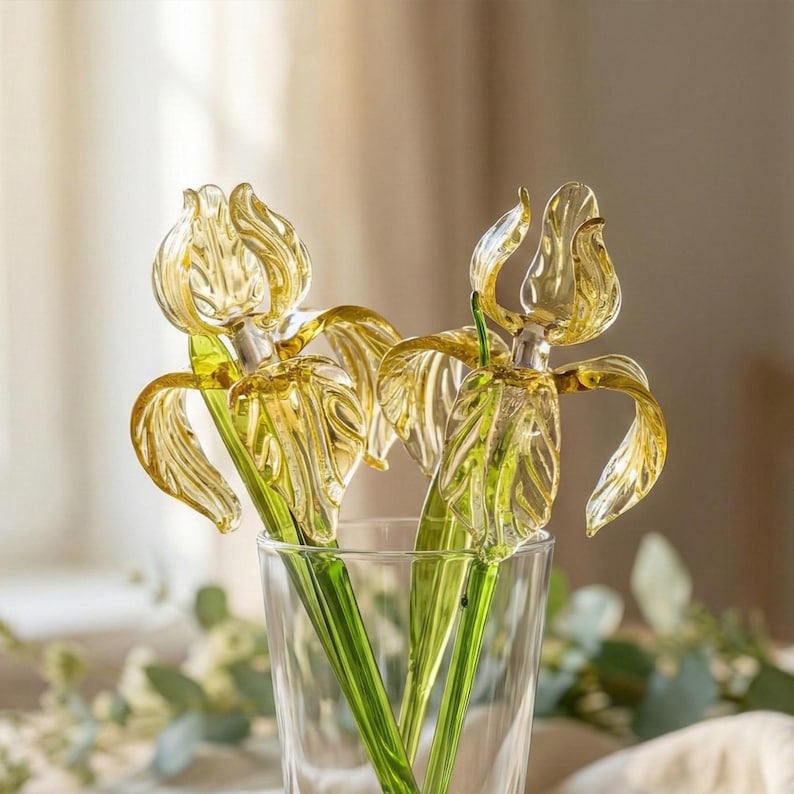 Glass Iris Gift, Blown Glass Flowers Bouquet, Glass Birth Month Flower Gift, Desk Decor, Forever Flowers, Birthday Gifts, Spring Decor image 1