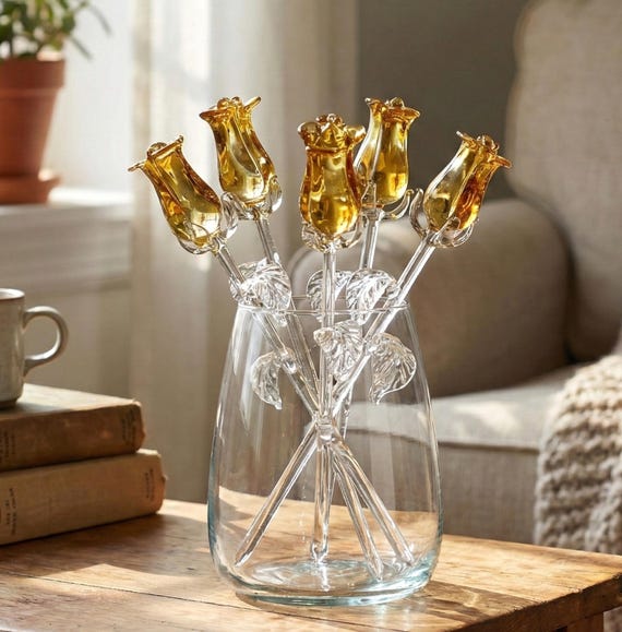 ガラスの花束 - 手作りガラスのバラの花 - 吹きガラスの花 - ゴールド